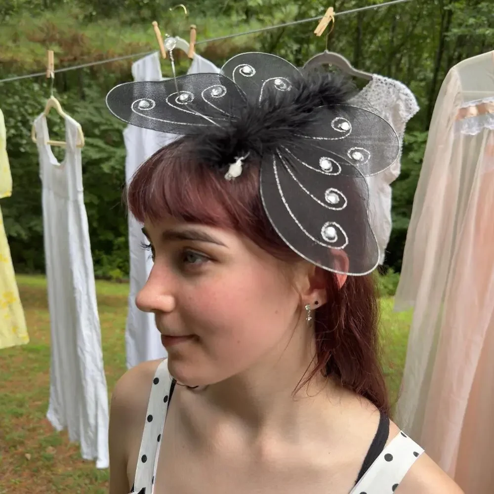 60s nylon black butterfly fascinator w/ fuzzy feather body